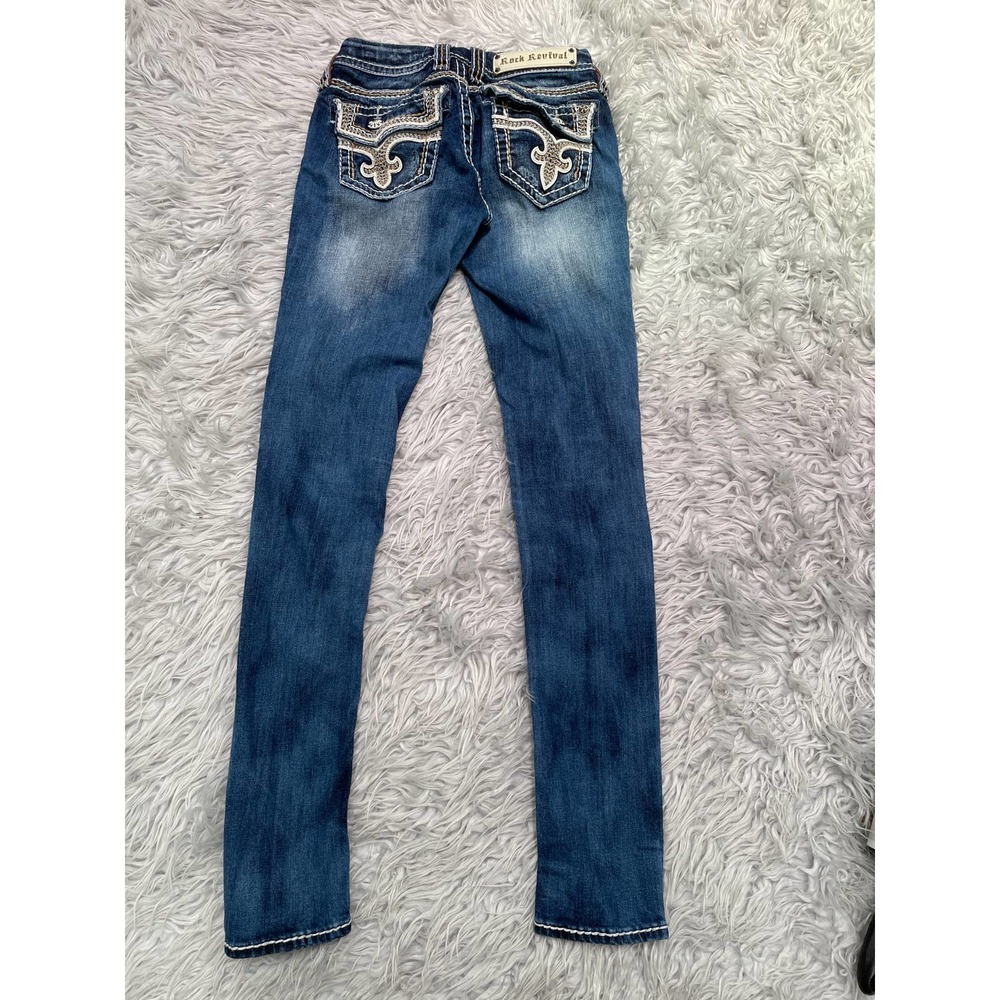 Rock Revival Kai Straight Stretch Jean Sz 25 Embroidered Flap Pocket Distressed